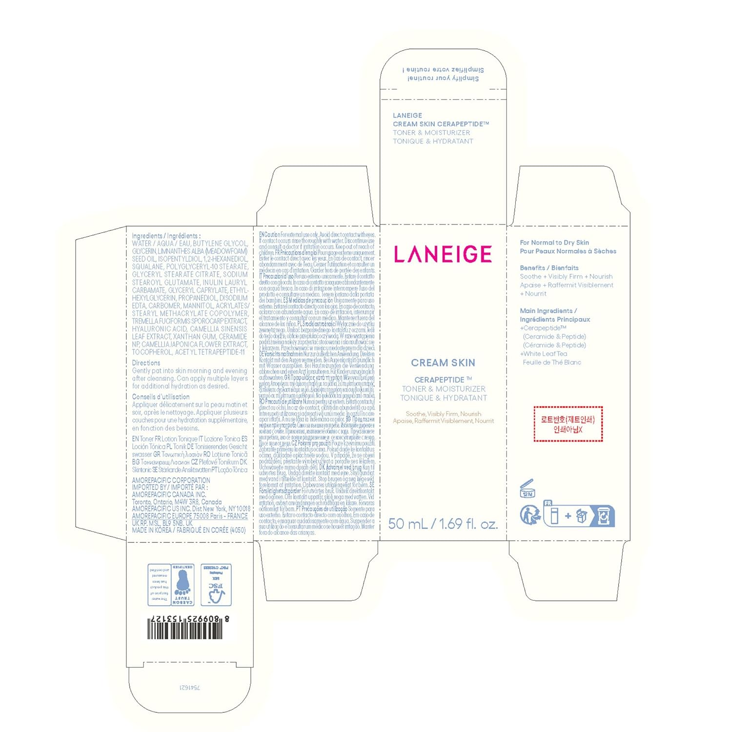 LANEIGE Cream Skin Refillable Toner & Moisturizer with Ceramides and Peptides: Korean Milky Toner, Amino Acid, Nourish, Hydrate, Barrier-Boosting, Visibly Firm