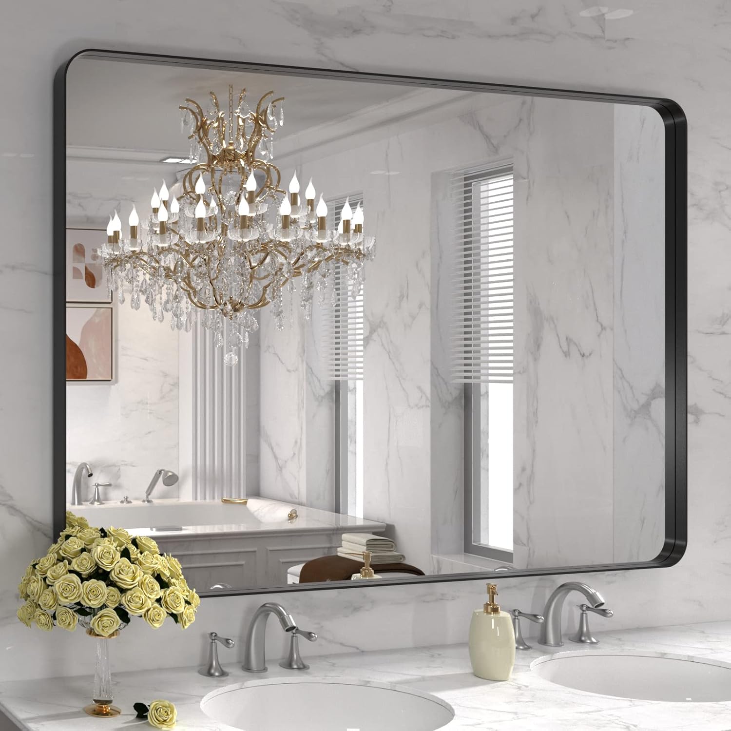 LOAAO Black Metal Framed Bathroom Mirror for Wall, 22X30 Inch Rounded Rectangle Mirror, Matte Black Bathroom Vanity Mirror Farmhouse, Anti-Rust, Tempered Glass, Hangs Horizontally or Vertically