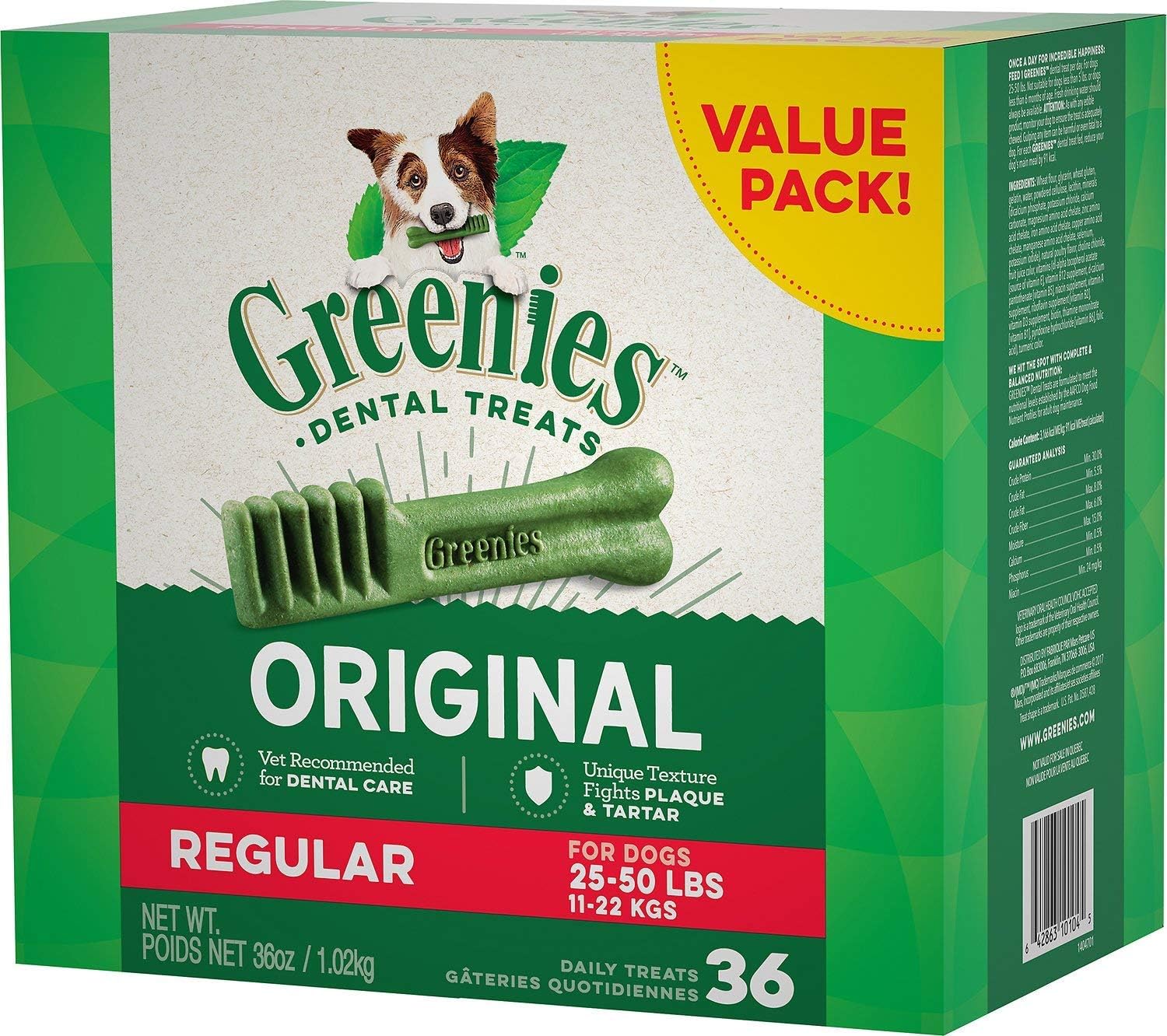 Greenies Original Regular Natural Dog Dental Care Chews Oral Health Dog Treats, 36 count (Pack of 1)